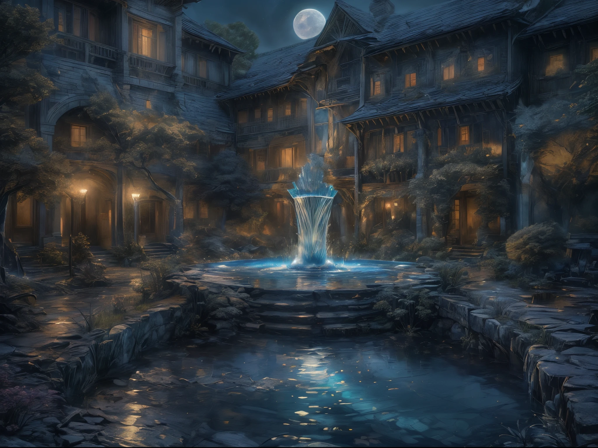 Fantasyart, The art of cosplay, There's an epic magic (The fountain: 1.3) Town square in elf city, There are magic runes in the fountain basin gl0w1ngR, The water of many creeks is intertwined (firey: 1.2), Fetzer, Fire and water combined, it's night time, the moon is rising, realisticlying, 16k, raw, Award-Awarded, (It is better to be detailed: 1.5), tmasterpiece, Best quality at best, (ultra - detailed), full bodyesbian, super wide shot