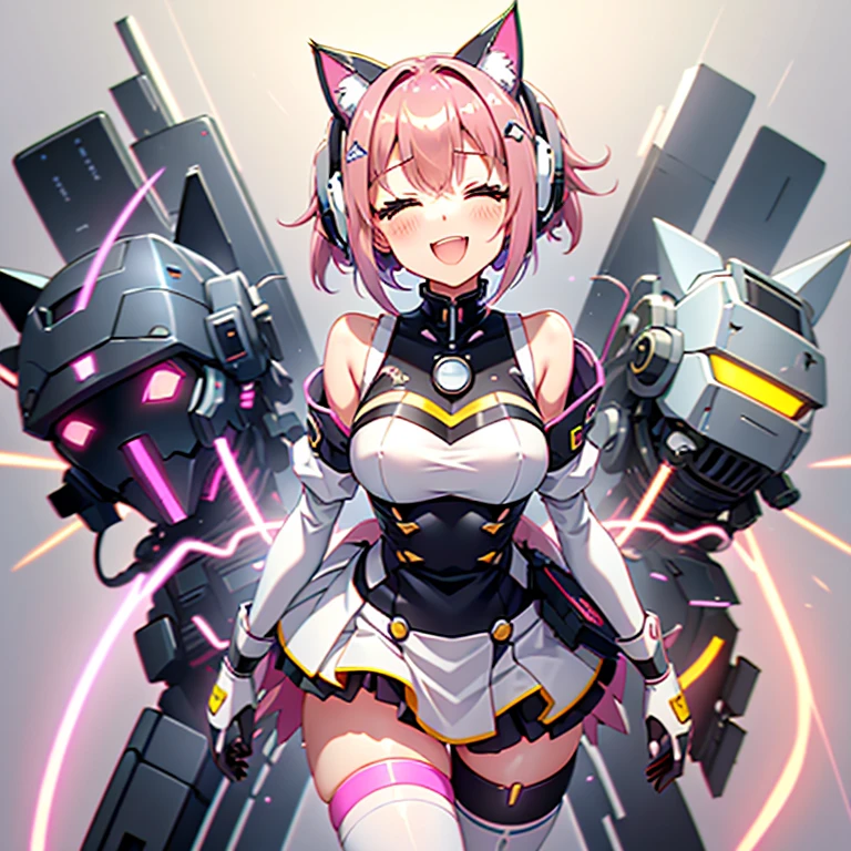 Mecha Girl、dark pink hair、(short、Rainbow Gradient)、Yellow eyes、Attach the cat ear unit to your head、Off-the-shoulder white dress(black line、White pleated skirt)、The letter IX on the shoulder、Black knee-high socks、thigh、9Attack by sticking out the book's tail、Red effect、Effects of electricity、Laughing、futuristic vibe