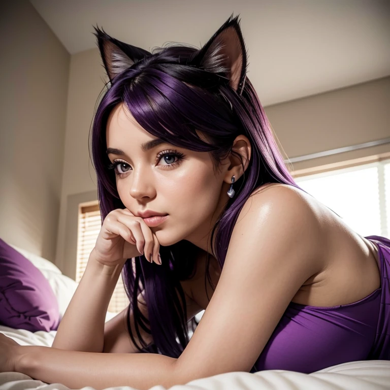 An adult woman laying on her bed, sending a kiss to the camera, Sleepy face, white nightie, oreilles de chat, Cat tail,; Dark and Purple hair, curved long hair, little boobs ,Cute, Avatar de seconde vie, Nice screenshot, Femme seduisante vue complète du corps, High quality, very detailed skin, front view, close-up