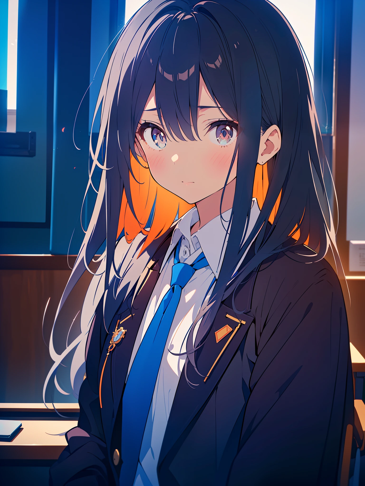 ((tmasterpiece)), (vivd colour), Cute girls, (Best quality), (ultra - detailed), (Focus sharp), (depth of fields), (电影灯光), black hair color hair, Long gray hair, 黑The eye, (look away), dark blue blazer, The shirt, ribbons, upper part of body, in class room