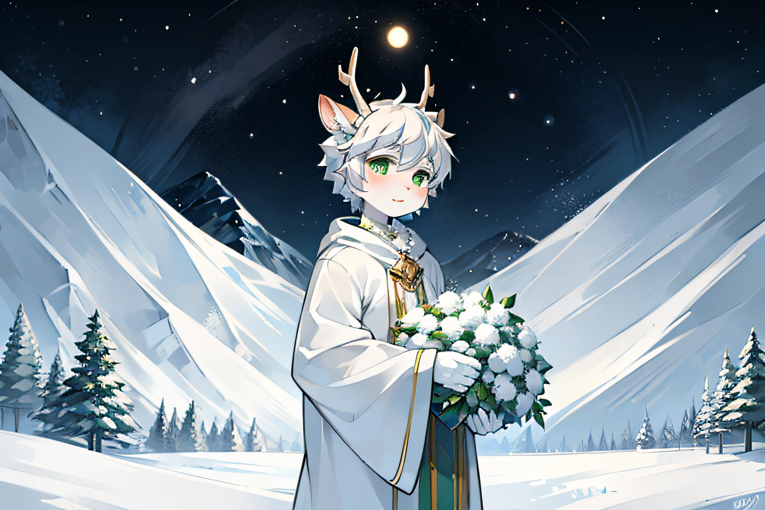 A white deer,White robe with green pattern,deer antlers,Green-eyed,playing in the snow,Snow-covered mountains,Have fun in the snow,stooped,holding a pile of snow in hand,white color hair,natta,Huge full moon,starrysky,beautful view,shota,lovely boy,vivaciousness,