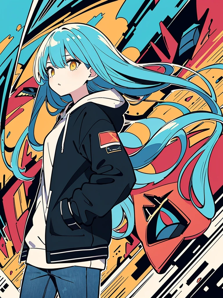 (masterpiece:1.3), (the best quality:1.2), (super fine illustrations:1.2), (Masterpiece), high quality, high detail, ((unparalleled masterpiece, best quality, perfect artwork)), high contrast, flat color, splashes of color, colors mashing, Colorful paint explosion pattern, explosion background, broken colorful glass, fall in city, heavy rain, block of water, noon city, big explosion, falling girl, long hair, medium breasts size, blue hair, yellow eyes, looking at another, [(pale blue background:1.1)::5], [(game character portrait:1.2):5], (falling over:1.2), falling down, (tripped), {hands hidden}, {{{hands in pockets}}},{{hands in sleeves}} stumble, from side, hoodie, jeans, make hands close, colorful color here and there, Colorful paint explosion pattern, strange sky, (illustration:1.2), very wide shot, (line drawing:1.2), {{only five fingers}}