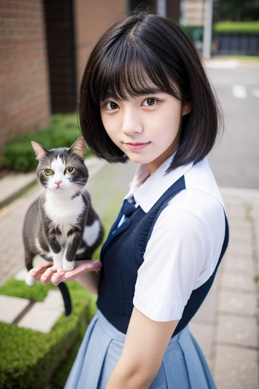 2garl、short-cut、Cats、A dark-haired、female high-school student、modeled、idol、On campus