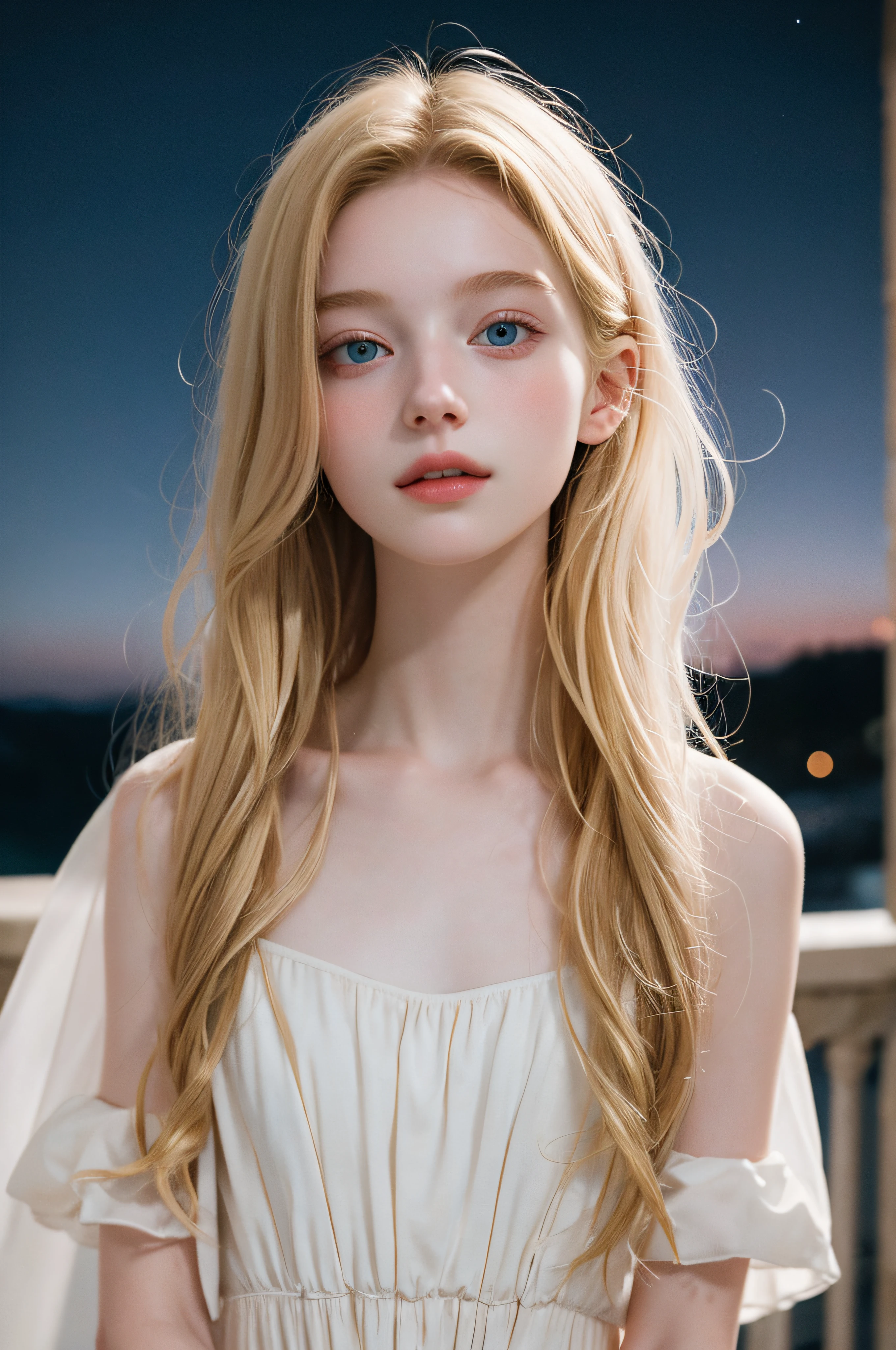 (masterpiece, high quality, night, dark shot, low key, fisheye:1.25), (close-up portrait:1.1), solo, a cute girl, (european, golden hair, 18 years old, skinny:1.3), sexy, pure innocence, (light smile:0.8), vibe, in love, simple white dress, epic night sky, detailed natural skin texture, seductive gaze, natural lighting, shallow depth of field, romantic setting, dreamy pastel palette, whimsical details, captured on film, nsfw