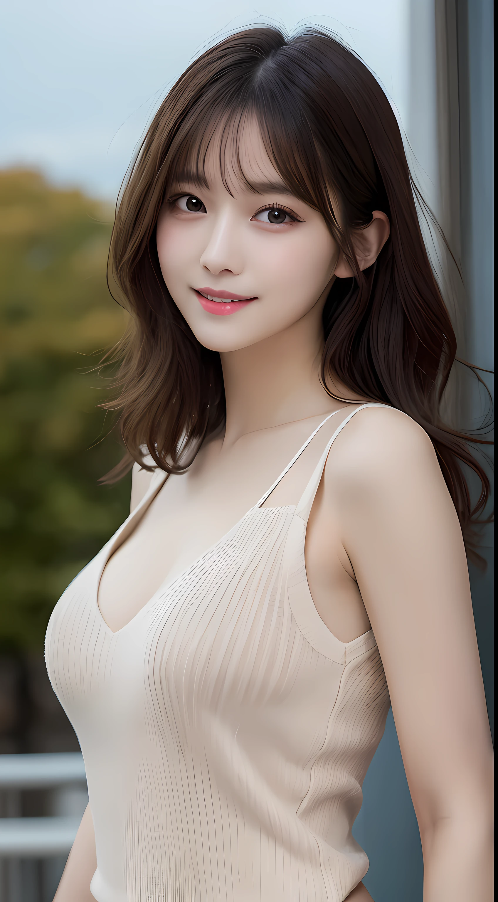 masutepiece, Best Quality, Illustration, Ultra-detailed, finely detail, hight resolution, 8K Wallpaper, Perfect dynamic composition, Beautiful detailed eyes, Women's Fashion🍂,Medium wavy hair,small tits、Natural Color Lip, Bold sexy poses,Smile,Live performance venue、20 years girl、Cute、Sexy shot looking at camera、Slender body type、wind blown hair、Gravure Model Pose
