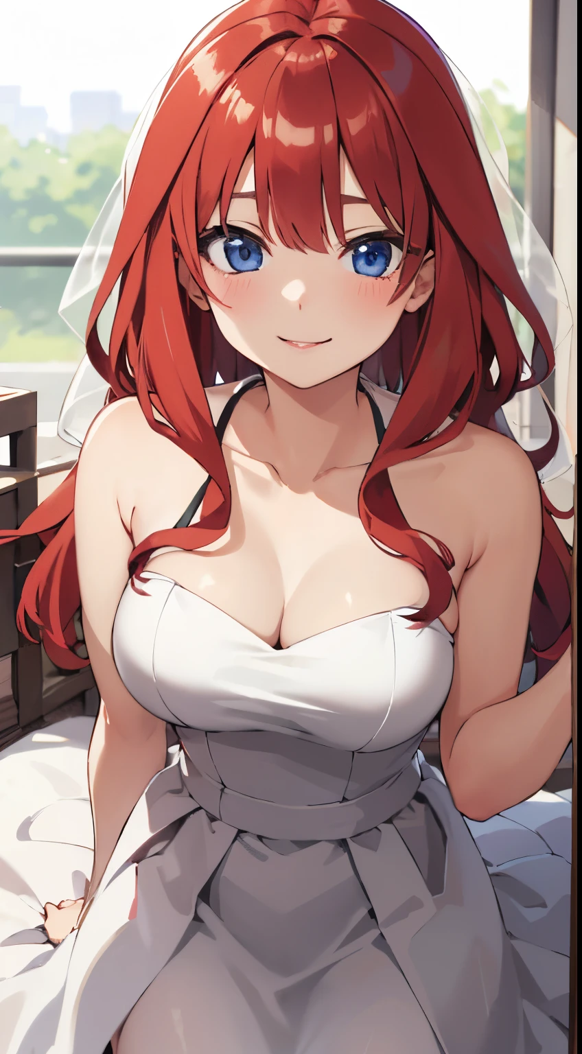 nakano itsuki, red hair, long hair、wedding dress:1.4、look at viewr,A smile