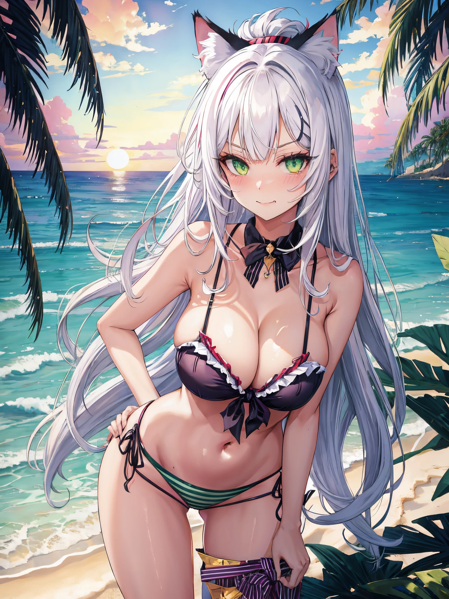 Cat ears, cat tail, smug face, teasing, striped bikini, beach background, laced panties, white sand, sunset background, lush green eyes, blushing face, ultrasharp, 8k, masterpiece, looking at viewer, standing on the ground, hand directly on her waist, seductive look, white hair, striped bra, striped panties, no cloth in thighs, bare thighs