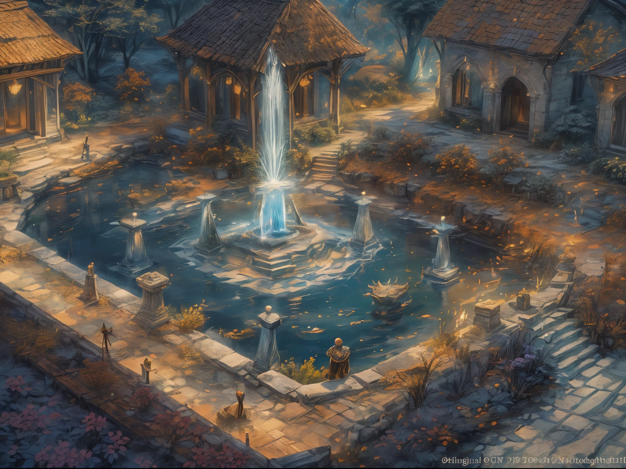 Fantasyart, The art of role-playing, oda'This is epic magic (The fountain: 1.3) Elf City Town Square, There are magic runes in the fountain basin gl0w1ngR, The water of many creeks is intertwined (Fiery: 1.2), Fetzer, fire and water combined, it's night time, the moon is rising, realistically, 16k, raw, Award-Awarded, (It's better to be more detailed: 1.5), tmasterpiece, Best quality, (ultra - detailed), Full body lesbian, super wide shot