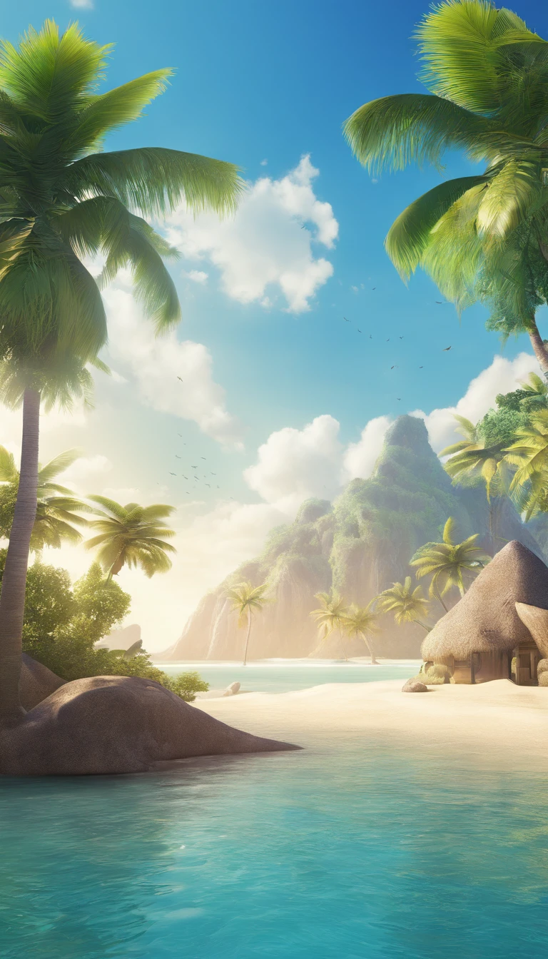 arafed island with palm trees and a sandy beach, tropical island, epic matte painting of an island, island in a blue sea, an island floating in the air, an island, island landscape, island floating in the sky, island background, monsoon on tropical island, island in the background, floating island, tropical location, island, island with cave, many islands, no humans, tree, cloud, sky, outdoors, scenery, day, palm tree, ocean, water, beach, blue sky, horizon, cloudy sky, nature, sand