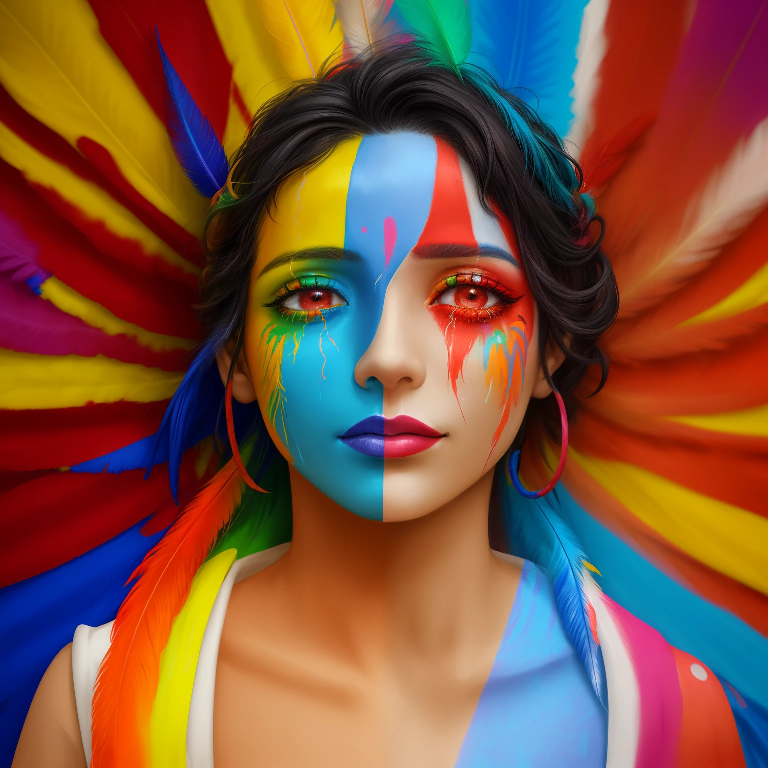 arafed woman with face paint and colorful feathers on her head, woman crying rainbow paint, symmetrical painted face, fresh rainbow bodypainting, painted face, colorful photo, color photograph portrait 4k, centered painted portrait, color portrait, woman portrait made out of paint, portrait happy colors, creative colorfull - makeup, colorful picture, expressive beautiful portrait, wearing war paint