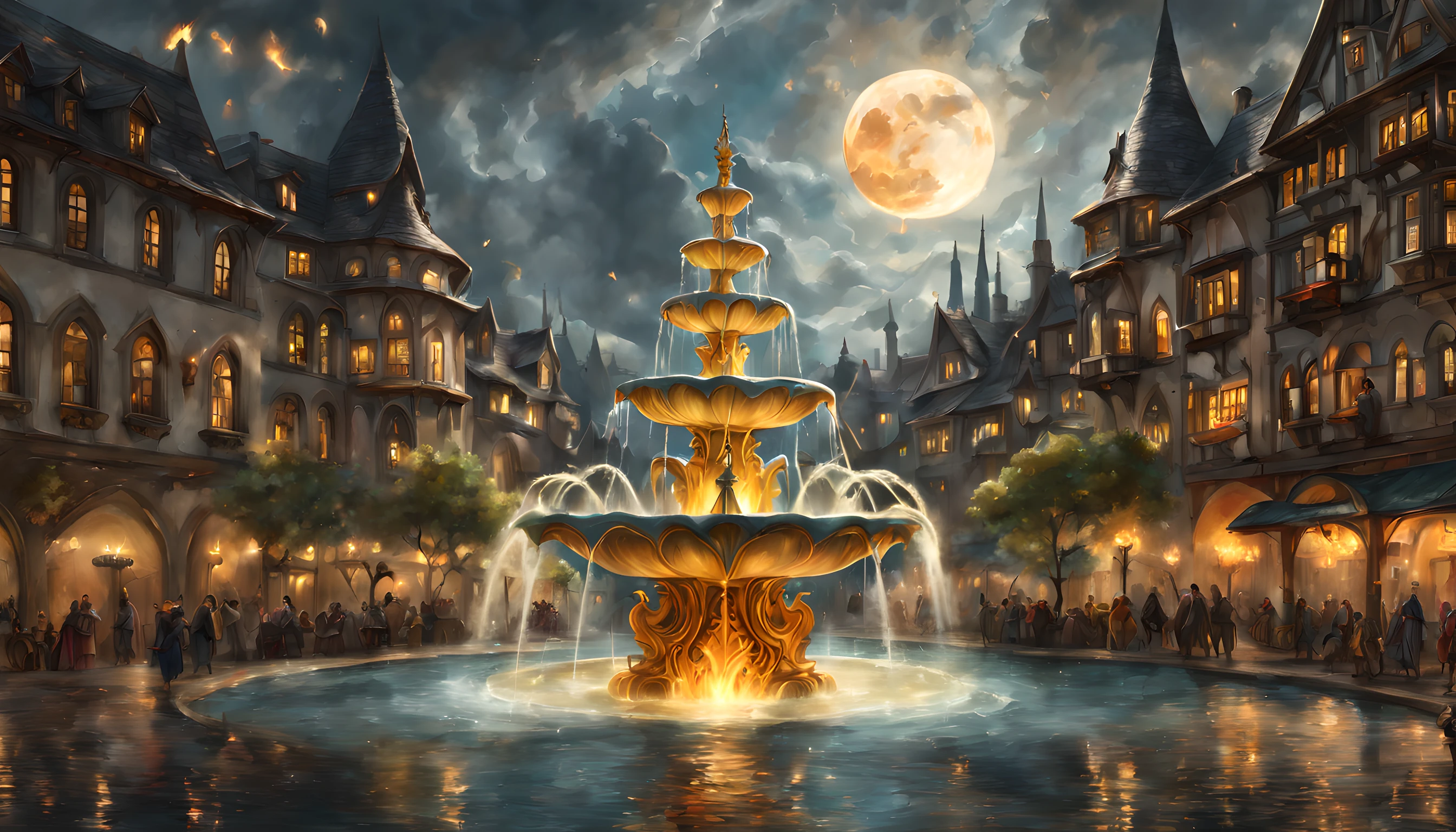 Fantasy art, RPG art, there is an epic sized magical (water fountain: 1.3) in an elven city town square, it has magical runes gl0w1ngR in the basin of the fountain, many rivulets of water entwined in (fire: 1.2), faize, the fire is combined with the water streams, its night time, moon is rising, photorealistic, 16k, RAW, award winning, (best detailed: 1.5), masterpiece, best quality, (ultra detailed), full body, ultra wide shot, abstract fractal