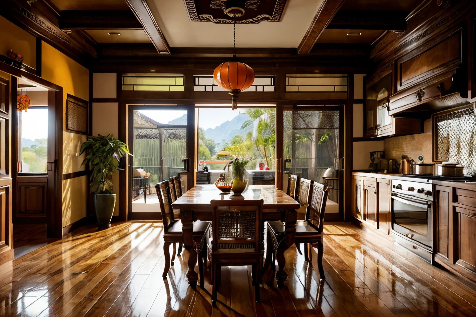 (indochina design kitchen room :1.3), (photo realistic:1.2), (supper detail:1.2),1bed, 1 chair, classical chinese style pattern for the wall, 2 indochina chair, indochina style of cabinet, orange wall, indoor, (blackken wood :.1), indochina panel door indoor, (The ceiling is made from woven rattan sheets and lintels), daylight, Unreal Engineer 8K, full HD 8K