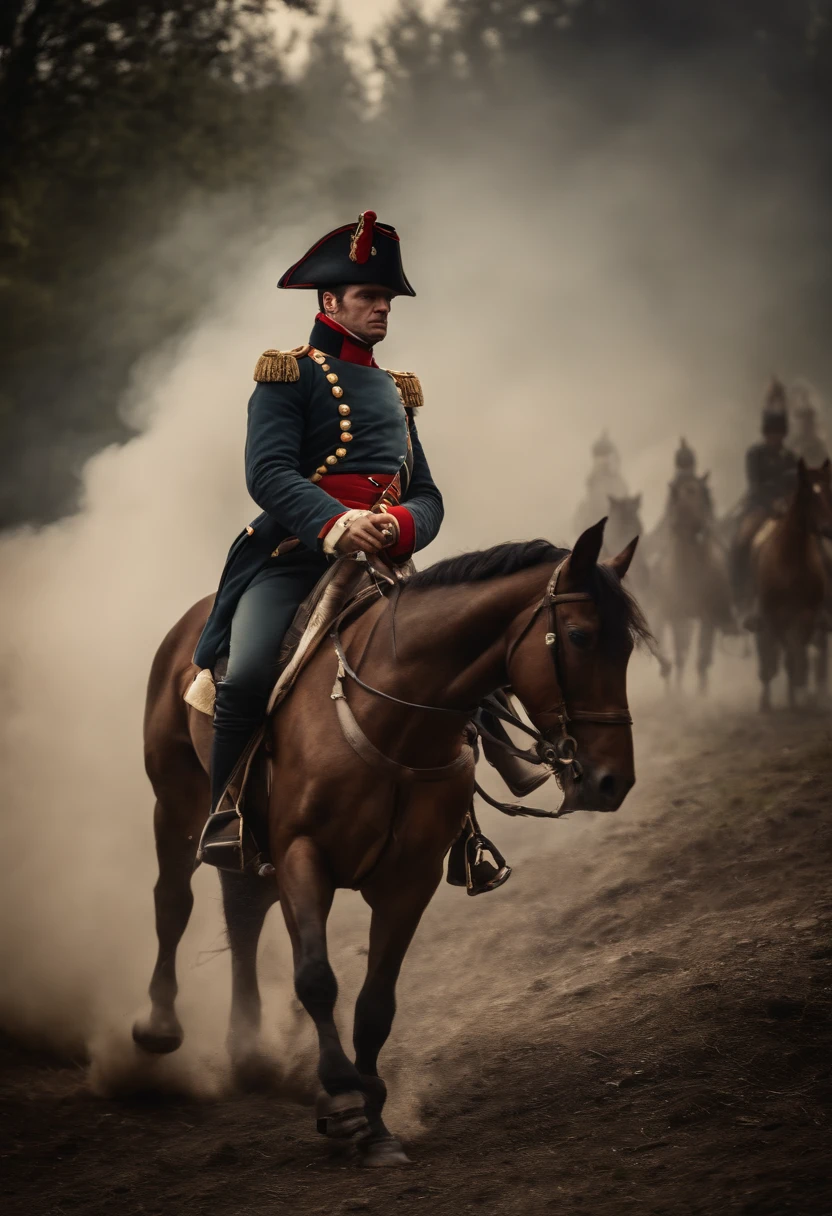 Wide shot, half body of Napoleon Bonaparte, ((looking at the camera)), holding a staff, on the battlefield, surrounded by ((soldiers)), covered by fog. Battlefield background, darkness, night, fog, mist, gothic, photorealistic light, 35mm, motion blur,