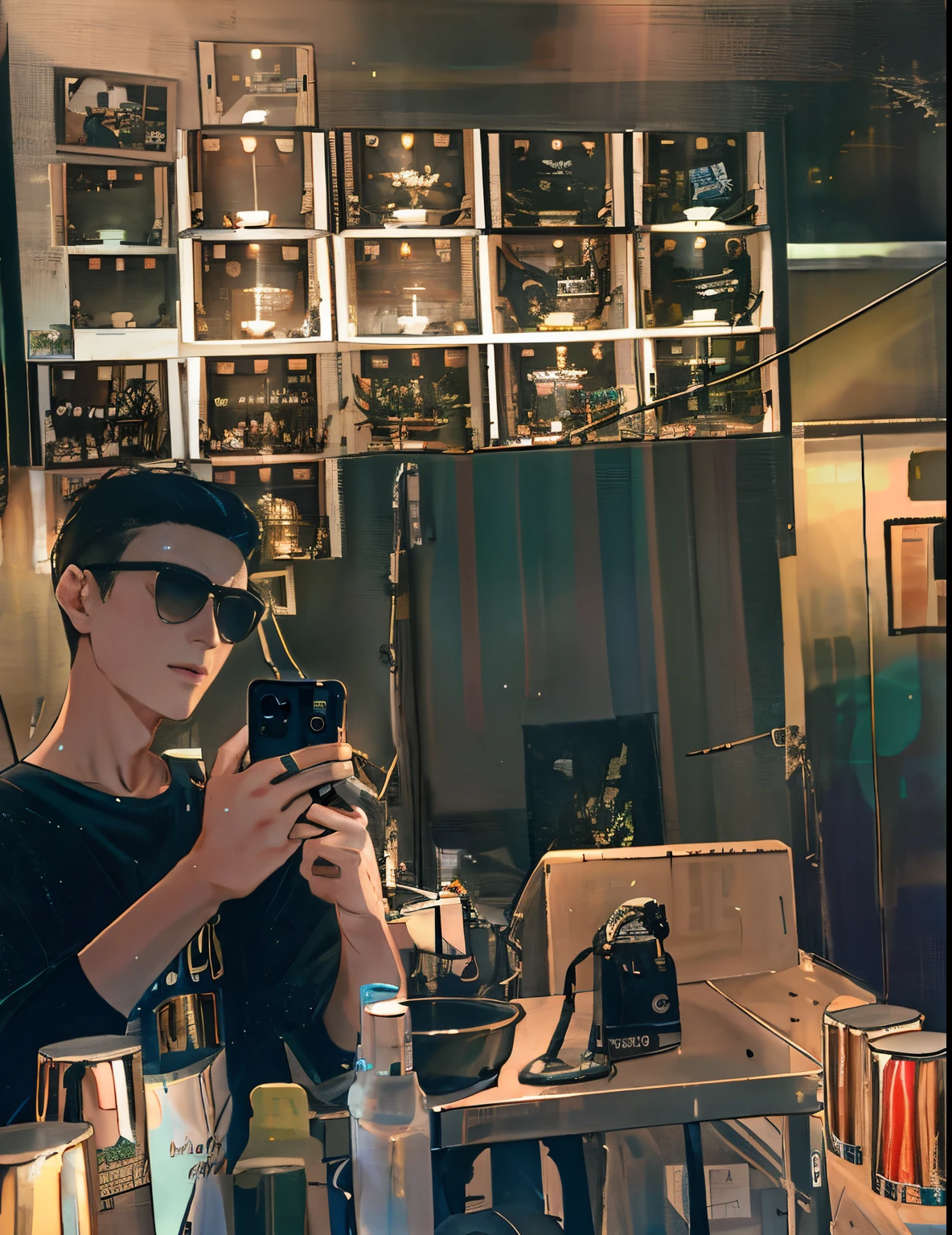 There was a guy who took a picture of himself in the mirror, self-shot, Wong Kar-wai style, with sunglass, Selfie Photos, Take a selfie in front of the mirror, aesthetic shoot, very very low quality picture, low quality photo, self-shot!!!!! of a man, 1 7-year-old boy’s face slimming, looking at his phone, 8K selfie photo