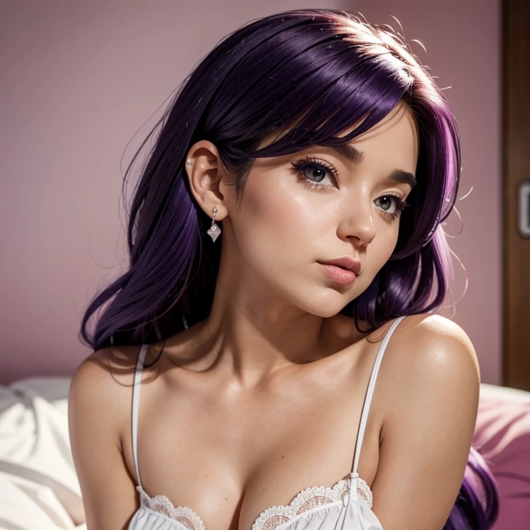 An adult woman  sending a kiss to the camera, Sleepy face, white nightie, oreilles de chat, Cat tail,; Dark and Purple hair, curved long hair, little boobs ,Cute, Avatar de seconde vie, Nice screenshot, Femme seduisante vue complète du corps, High quality, very detailed skin, front view, close-up