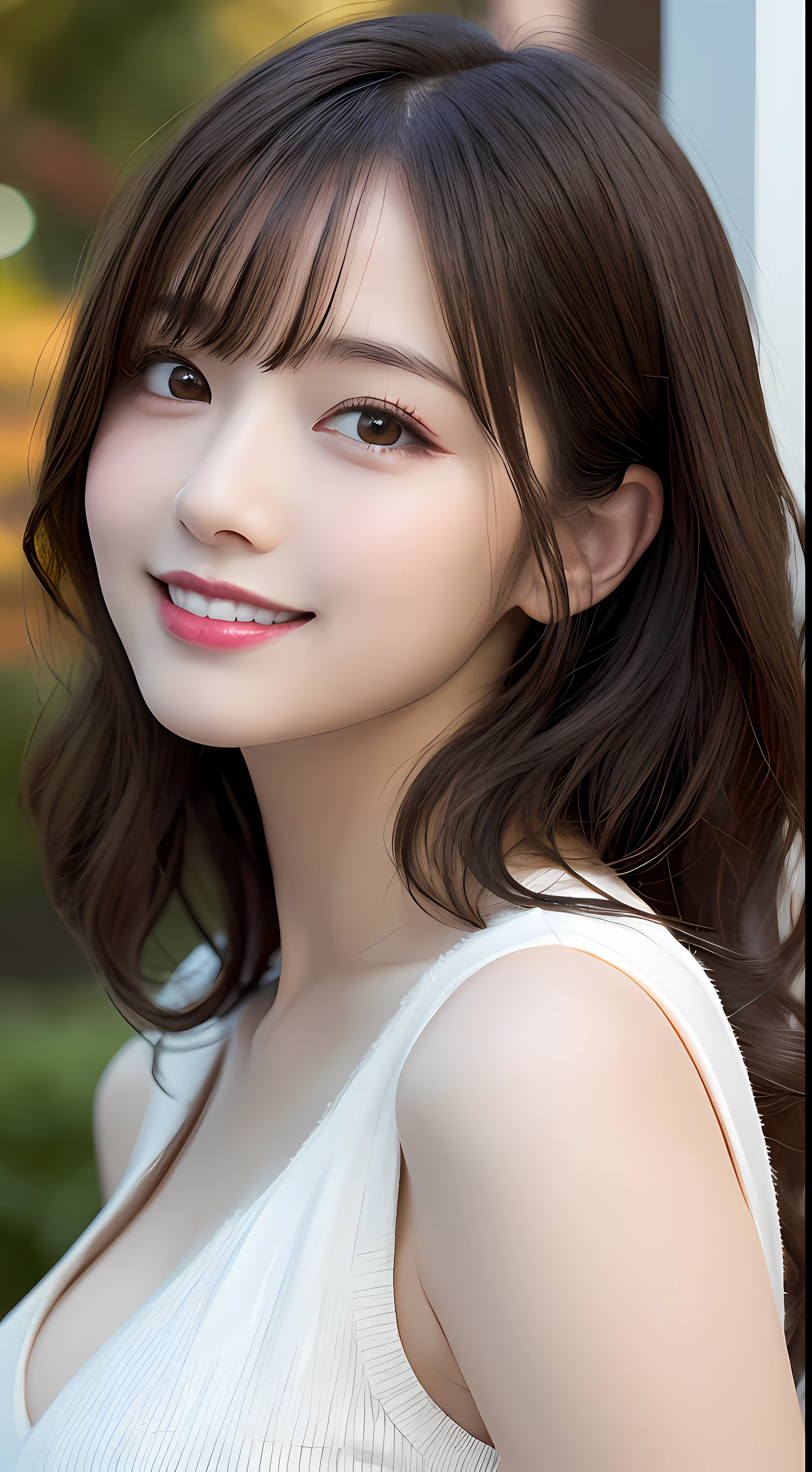 masutepiece, Best Quality, Illustration, Ultra-detailed, finely detail, hight resolution, 8K Wallpaper, Perfect dynamic composition, Beautiful detailed eyes, Women's Fashion🍂,Medium wavy hair,small tits、Natural Color Lip, Bold sexy poses,Smile,Harajuku、20 years girl、Cute、Sexy shot looking at camera