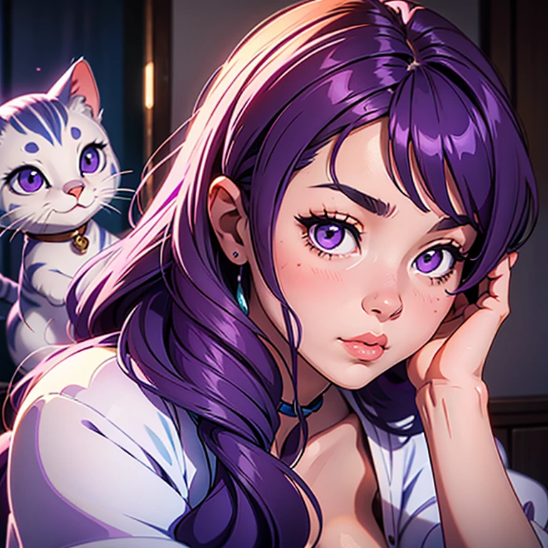 An adult woman  sending a kiss to the camera, Sleepy face, white nightie, oreilles de chat, Cat tail,; Dark and Purple hair, curved long hair, little boobs ,Cute, Avatar de seconde vie, Nice screenshot, Femme seduisante vue complète du corps, High quality, very detailed skin, front view, close-up