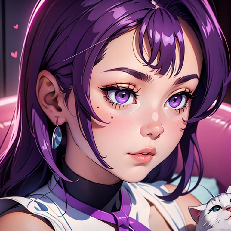 An adult woman  sending a kiss to the camera, Sleepy face, white nightie, oreilles de chat, Cat tail,; Dark and Purple hair, curved long hair, little boobs ,Cute, Avatar de seconde vie, Nice screenshot, Femme seduisante vue complète du corps, High quality, very detailed skin, front view, close-up