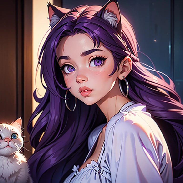 An adult woman  sending a kiss to the camera, Sleepy face, white nightie, oreilles de chat, Cat tail,; Dark and Purple hair, curved long hair, little boobs ,Cute, Avatar de seconde vie, Nice screenshot, Femme seduisante vue complète du corps, High quality, very detailed skin, front view, close-up