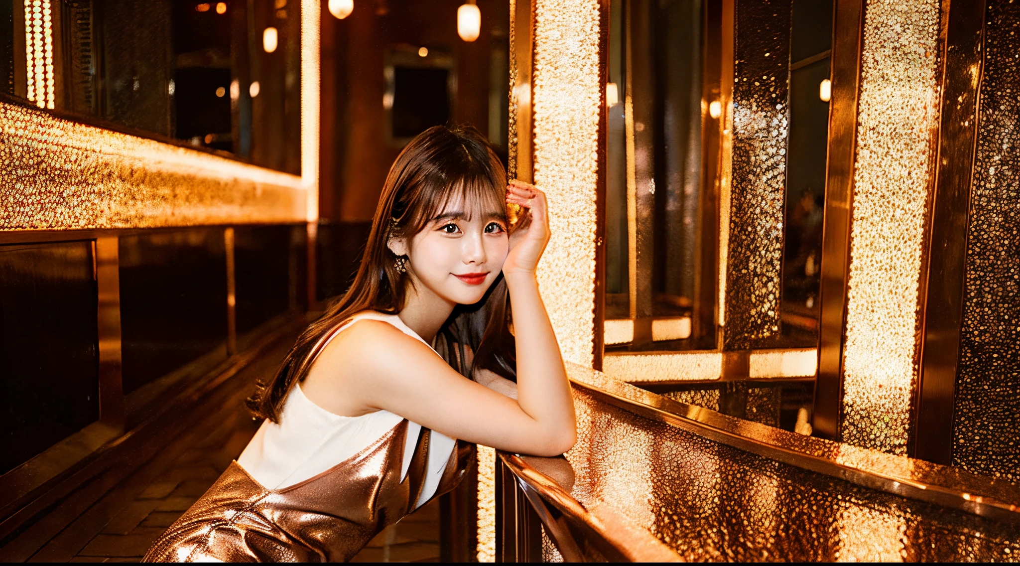 Cute hostess 18 years old in a copper-colored miniskirt dress