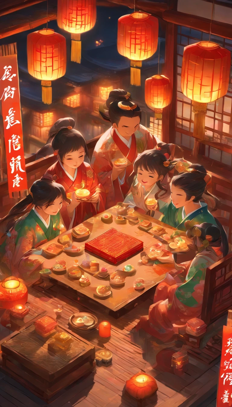 A family eats mooncakes,There are mooncakes on the table, Food in the hands, Drinking tea and paper lanterns, Moon,Chinese-style painting, exciting illustration
