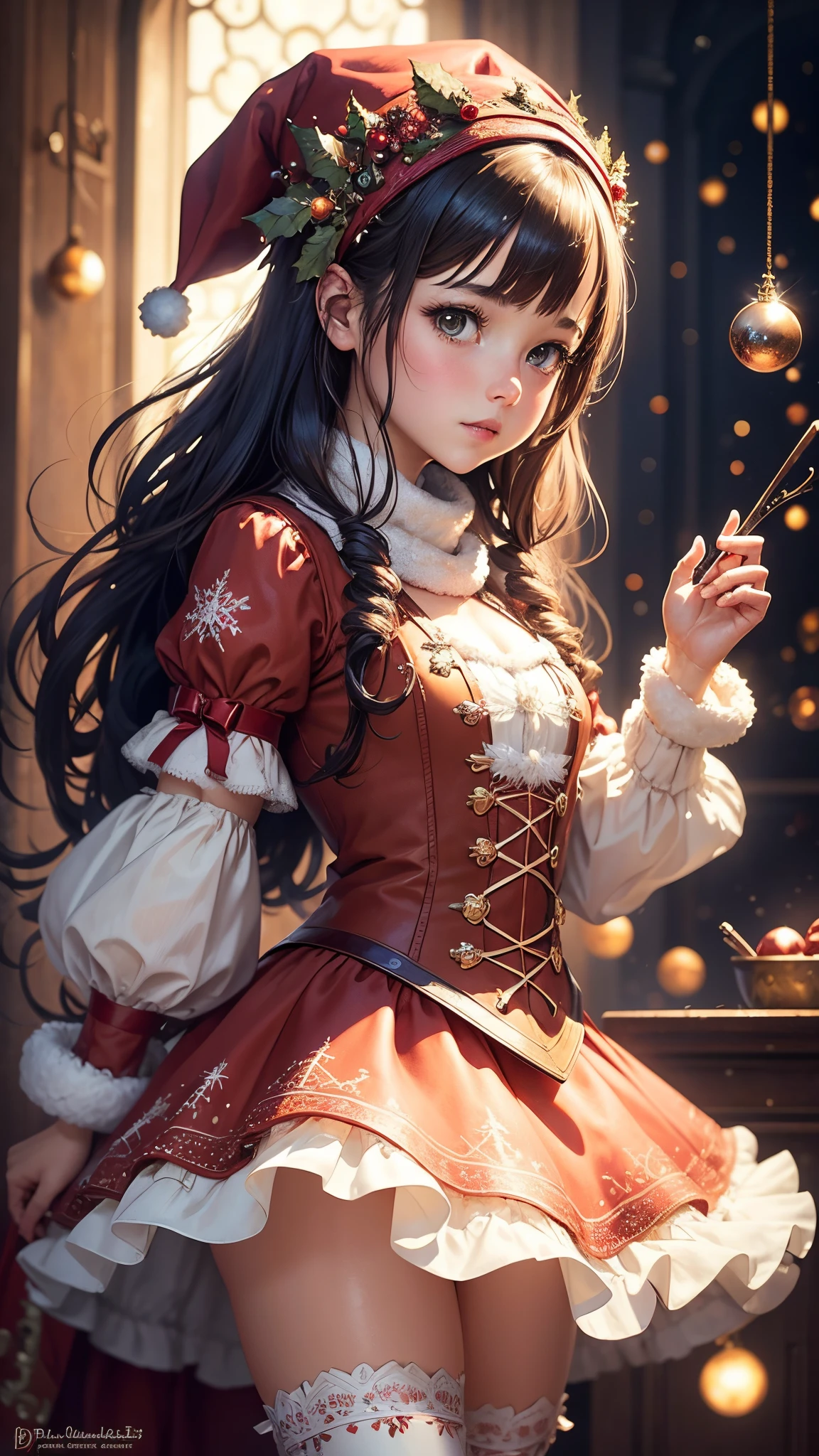 one girl in christmas costume,christmas theme,christmas elements in background,digital art,Jean-Baptiste Monge style,bright,beautiful,splash,Glittering,cute and adorable,filigree,rim lighting,lights,extremely,magic,surreal,fantasy,digital art,wlop,artgerm and james jean,1 girl,kleedef