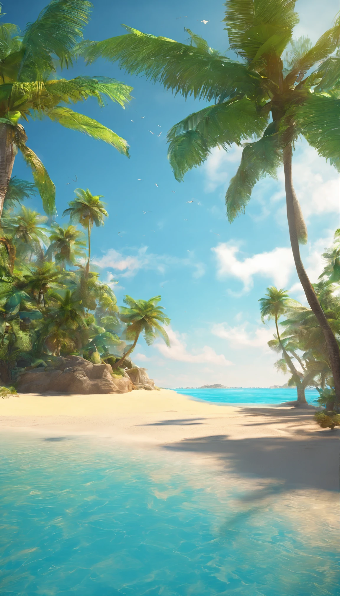 arafed island with palm trees and a sandy beach, tropical island, epic matte painting of an island, island in a blue sea, an island floating in the air, an island, island landscape, island floating in the sky, island background, monsoon on tropical island, island in the background, floating island, tropical location, island, island with cave, many islands, no humans, tree, cloud, sky, outdoors, scenery, day, palm tree, ocean, water, beach, blue sky, horizon, cloudy sky, nature, sand