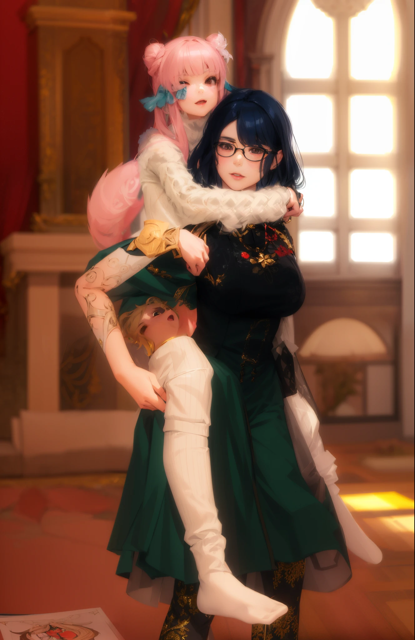 there is a woman holding a child in a room, ((wearing aristocrat robe)), nixeu and sakimichan, 8k octae render photo, 2b, 2 b, holding a pudica pose, wlop and sakimichan, pixiv 3dcg, doing an elegant pose over you, danbooru and artstation