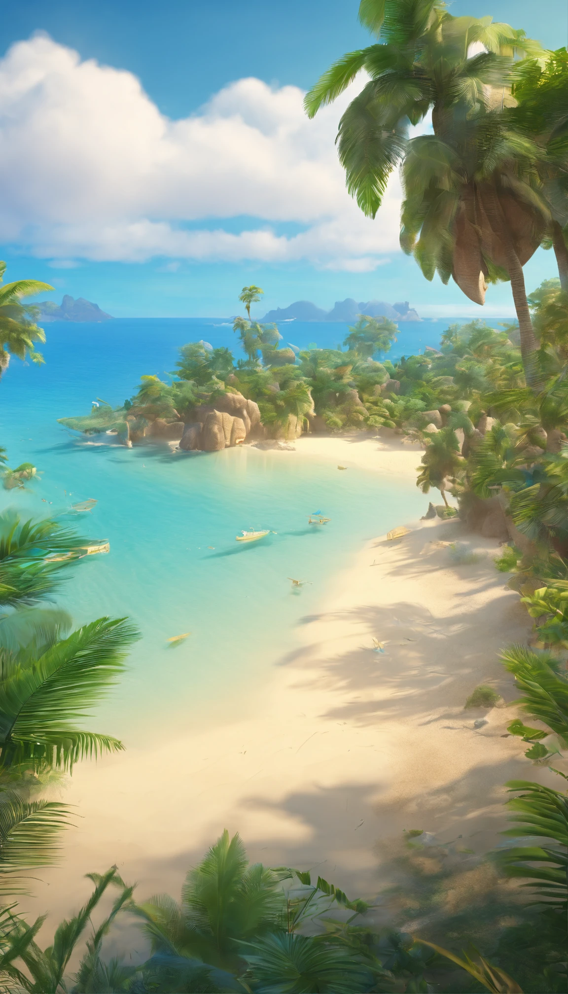 arafed island with palm trees and a sandy beach, tropical island, epic matte painting of an island, island in a blue sea, an island floating in the air, an island, island landscape, island floating in the sky, island background, monsoon on tropical island, island in the background, floating island, tropical location, island, island with cave, many islands, no humans, tree, cloud, sky, outdoors, scenery, day, palm tree, ocean, water, beach, blue sky, horizon, cloudy sky, nature, sand