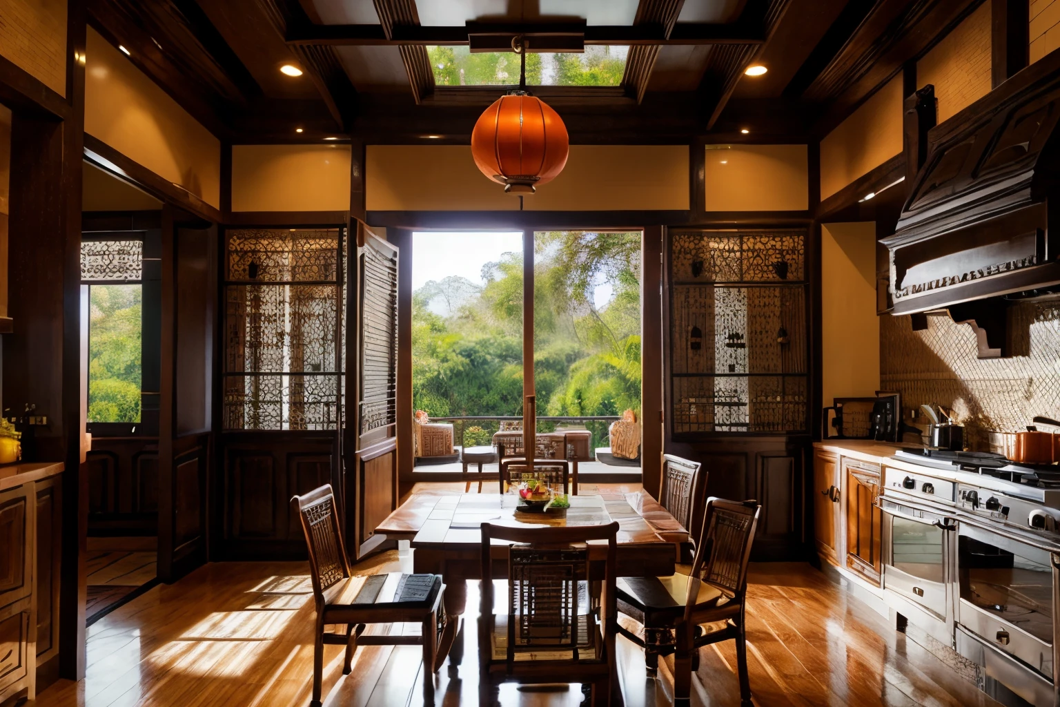(indochina design kitchen room :1.3), (photo realistic:1.2), (supper detail:1.2),1bed, 1 chair, classical chinese style pattern for the wall, 2 indochina chair, indochina style of cabinet, orange wall, indoor, (blackken wood :.1), indochina panel door indoor, (The ceiling is made from woven rattan sheets and lintels), daylight, Unreal Engineer 8K, full HD 8K