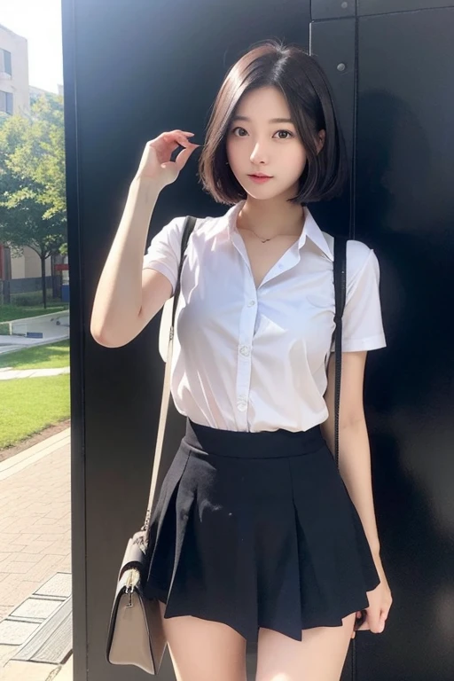 short-cut、Hanging eyes、A dark-haired、female high-school student、modeled、idol、On campus、a miniskirt