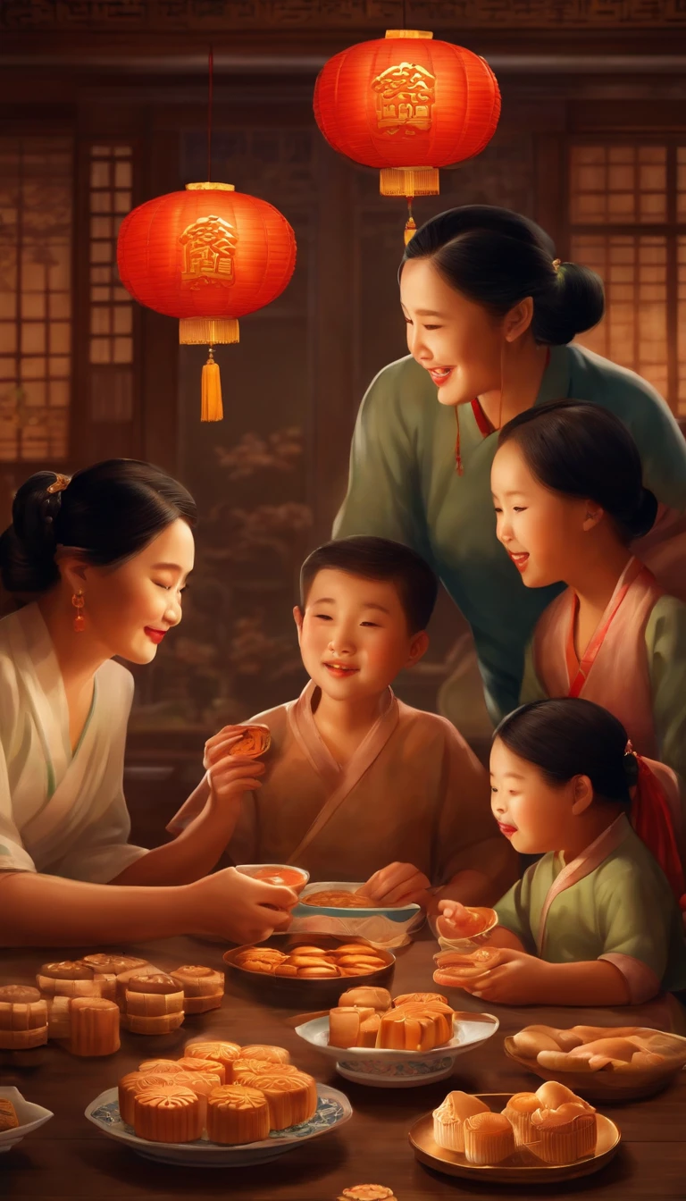 A family eats mooncakes，There are mooncakes on the table, Food in the hands, Drinking tea and paper lanterns, Moon,Chinese-style painting, exciting illustration