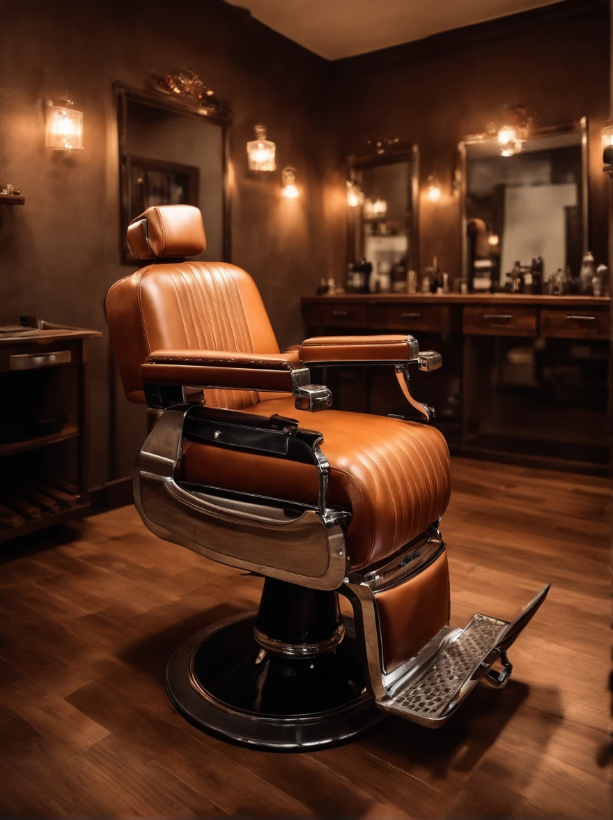 Um barbeiro cortando o cabelo de um cliente, em uma barbearia moderna, com espelhos grandes na parede, in a retro barber chair, rustic wooden waiting benches, piso quadriculado preto e branco, Realistic image, sharped image, rustic colors.