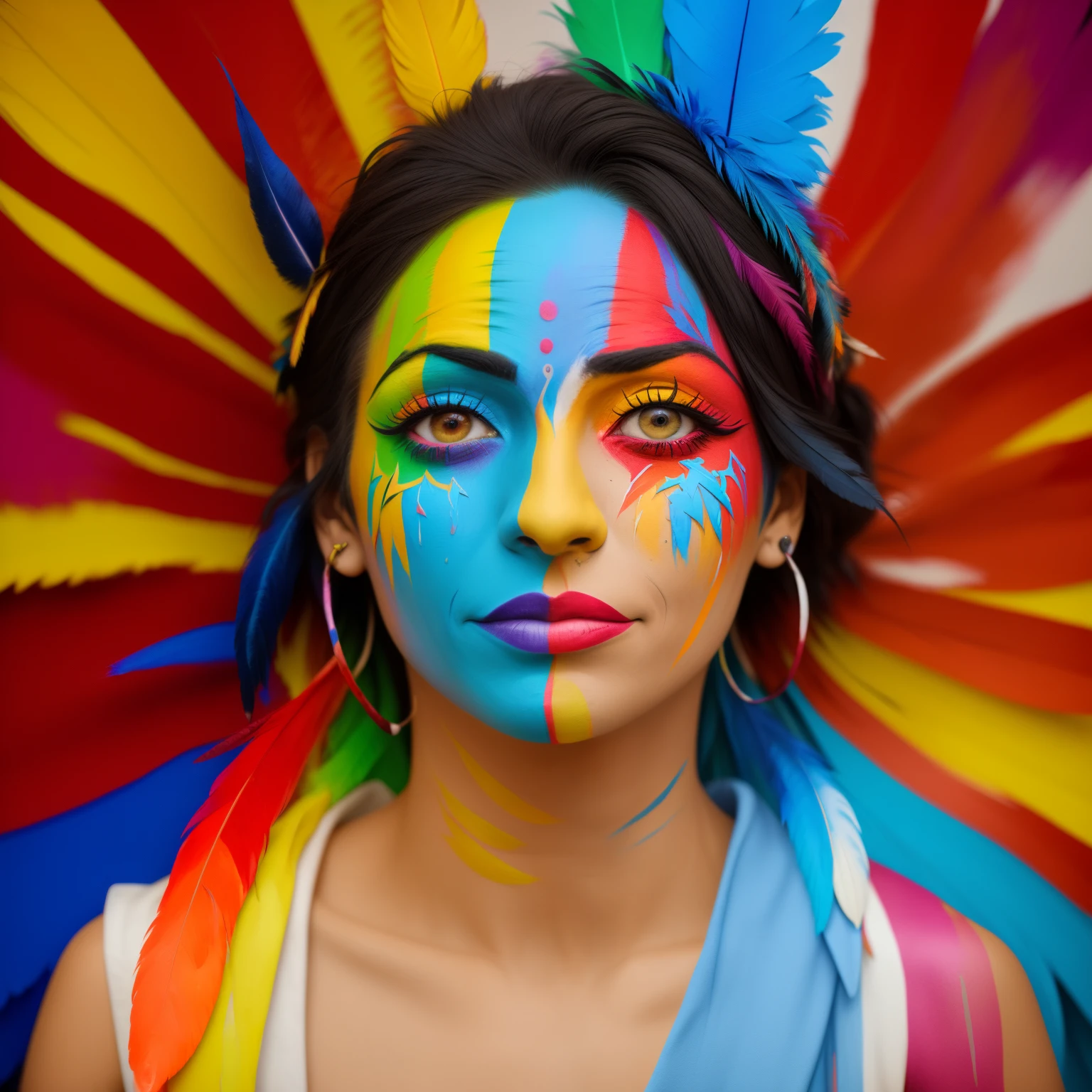 arafed woman with face paint and colorful feathers on her head, woman crying rainbow paint, symmetrical painted face, fresh rainbow bodypainting, painted face, colorful photo, color photograph portrait 4k, centered painted portrait, color portrait, woman portrait made out of paint, portrait happy colors, creative colorfull - makeup, colorful picture, expressive beautiful portrait, wearing war paint