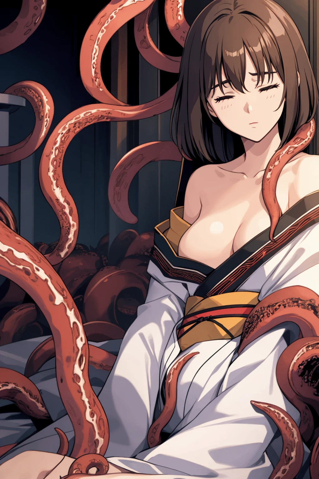 Cinematic quality，cinematic shadow，((woman wearing off-shoulder kimono))，Bigboobs，Perfect female body，extremely detailed brown hair，close eyes，((sit on a group of many very smooth white tentacles))，(upper body:1.15)，Alone，Best quality，A high resolution，(Extremely detailed CG wallpaper:1.2)