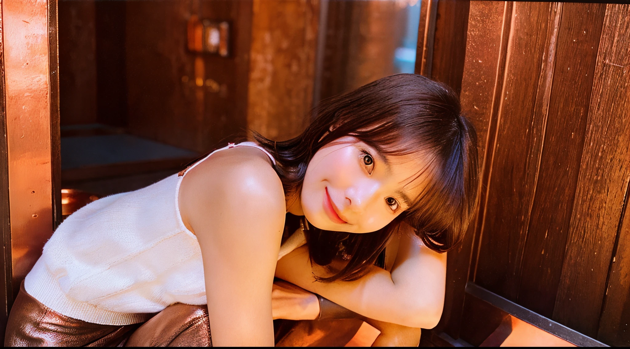 Cute hostess 18 years old in copper colored miniskirt