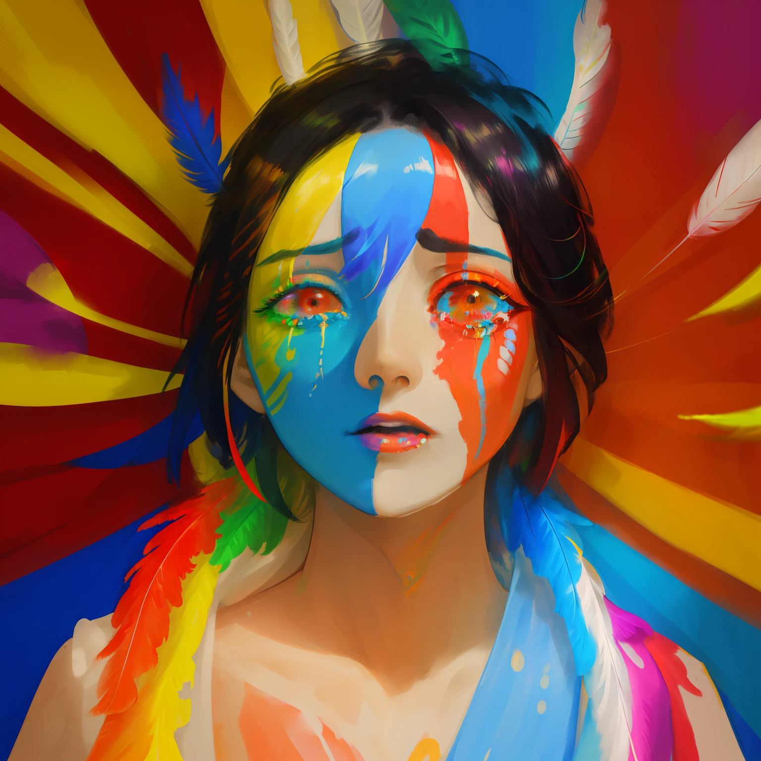 arafed woman with face paint and colorful feathers on her head, woman crying rainbow paint, symmetrical painted face, fresh rainbow bodypainting, painted face, colorful photo, color photograph portrait 4k, centered painted portrait, color portrait, woman portrait made out of paint, portrait happy colors, creative colorfull - makeup, colorful picture, expressive beautiful portrait, wearing war paint