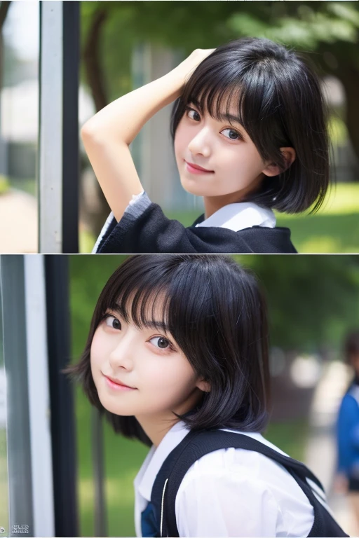 short-cut、Hanging eyes、A dark-haired、female high-school student、modeled、idol、On campus、a miniskirt