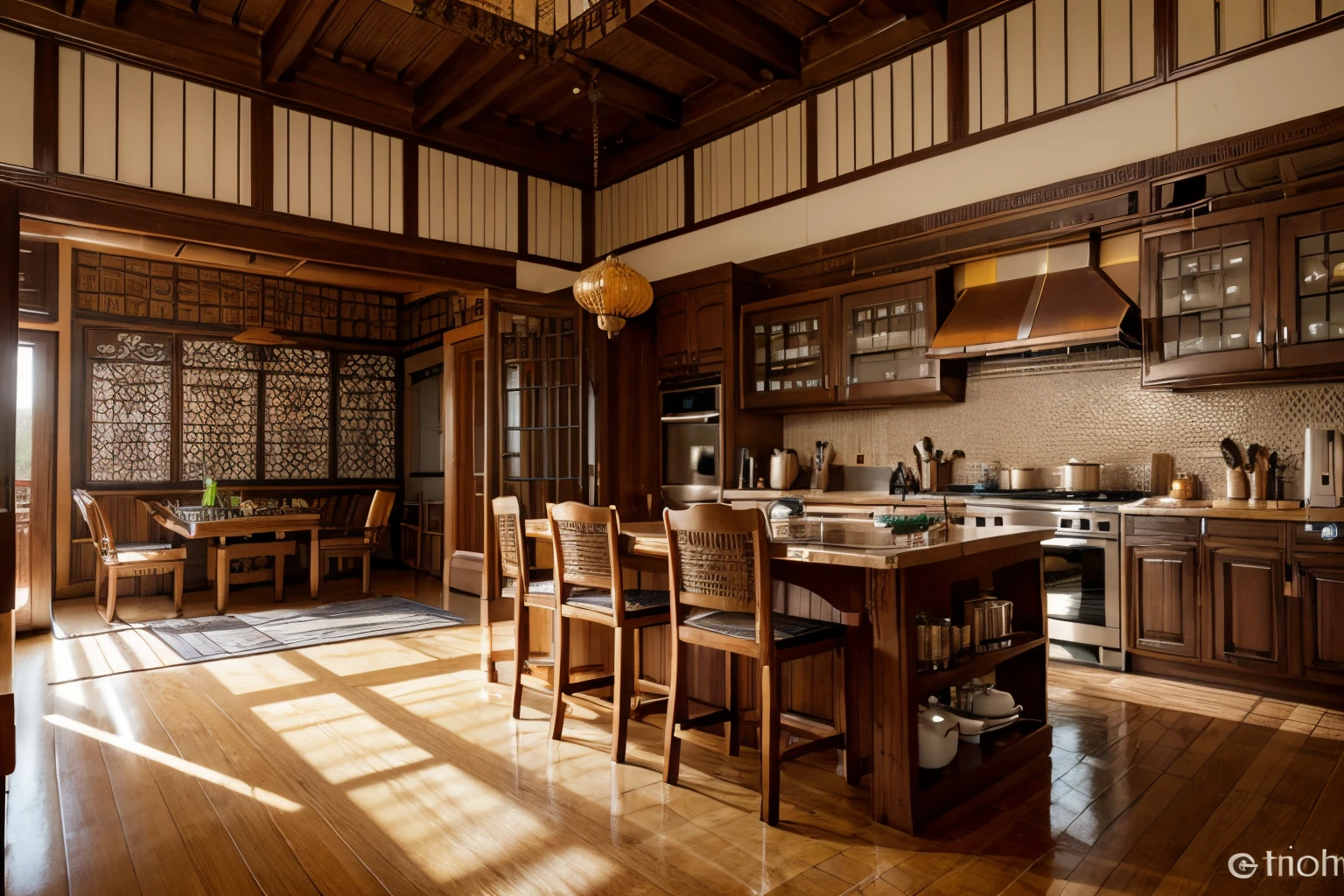 (indochina design kitchen room :1.3), (photo realistic:1.2), (supper detail:1.2),1bed, 1 chair, classical chinese style pattern for the wall, 2 indochina chair, indochina style of cabinet, orange wall, indoor, (blackken wood :.1), indochina panel door indoor, (The ceiling is made from woven rattan sheets and lintels), daylight, Unreal Engineer 8K, full HD 8K