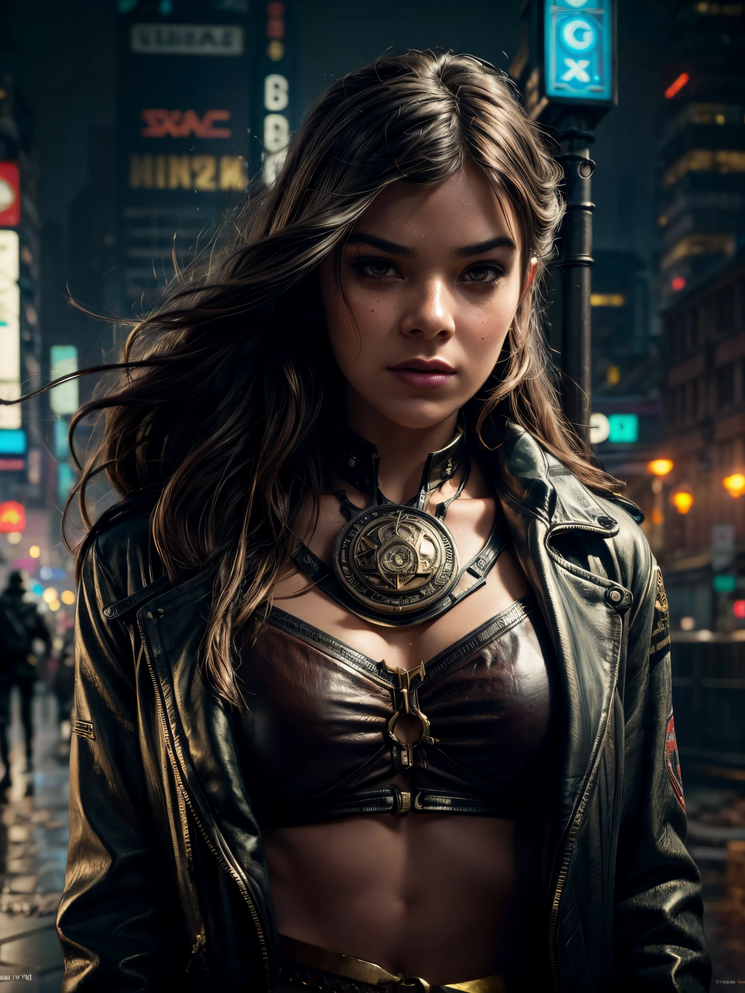 beautiful woman as a cyberpunk detective,(highly detailed:1.2),(best quality:1.2),(8k:1.2),sharp focus,(subsurface scattering:1.1),award-winning photograph,professional portrait photography,(close shot:1.1) rainy cyberpunk city at night, neon signs, leather jacket, t-shirt, badge on a chain around her neck (very detailed background:1.2),(sci-fi:1.1), knollingcase,dreamlikeart, analog style, elden ring style, dramatic lighting, by greg rutkowski alphonse mucha wlop
