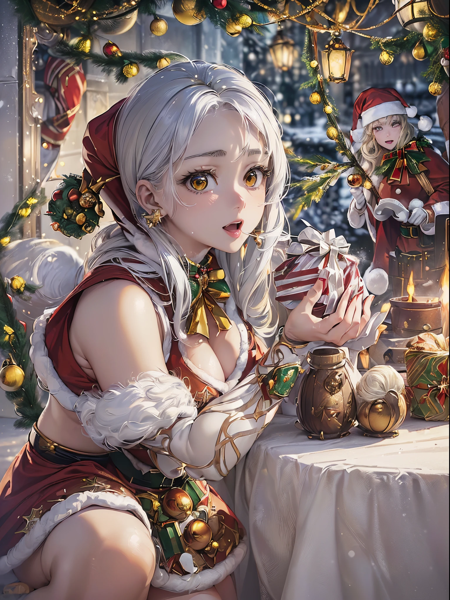 ((Finest quality)),(超A high resolution),(ultra-detailliert),(Meticulous portrayal),((Best Anime)),(Finest works of art),(Ultra-Precision Art),(The art of astounding depiction,Overwhelming depiction:1.5), (white Christmas:1.6), (Female Santa Claus:1.5),a smile:1.8, (sparkling colorful light:1.6,)