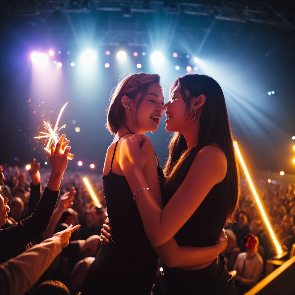 K-pop idols performing on stage, black short tight dresses, song performance, Kpop girl group, riotous atmosphere, stage above the hall, (best quality, 8k, 16k, highres, masterpiece:1.2), ultra-detailed, (realistic, photorealistic, photo-realistic:1.37), professional, (music:1.1, performance:1.1), dynamic lighting, (moving lights:1.1, spotlights:1.1), energetic performance, powerful vocals, enthusiastic audience, dazzling stage effects, high-energy atmosphere, (excitement, adrenaline:1.1), charismatic lead vocalist, flawless stage presence, passionate performance, vibrant stage background, (cheering audience:1.1, waving light sticks:1.1), electrifying atmosphere, captivating stage presence, (explosive, high-intensity:1.1), (pop music, catchy melodies:1.1), crowd interaction, (empowering lyrics, motivational messages:1.1).