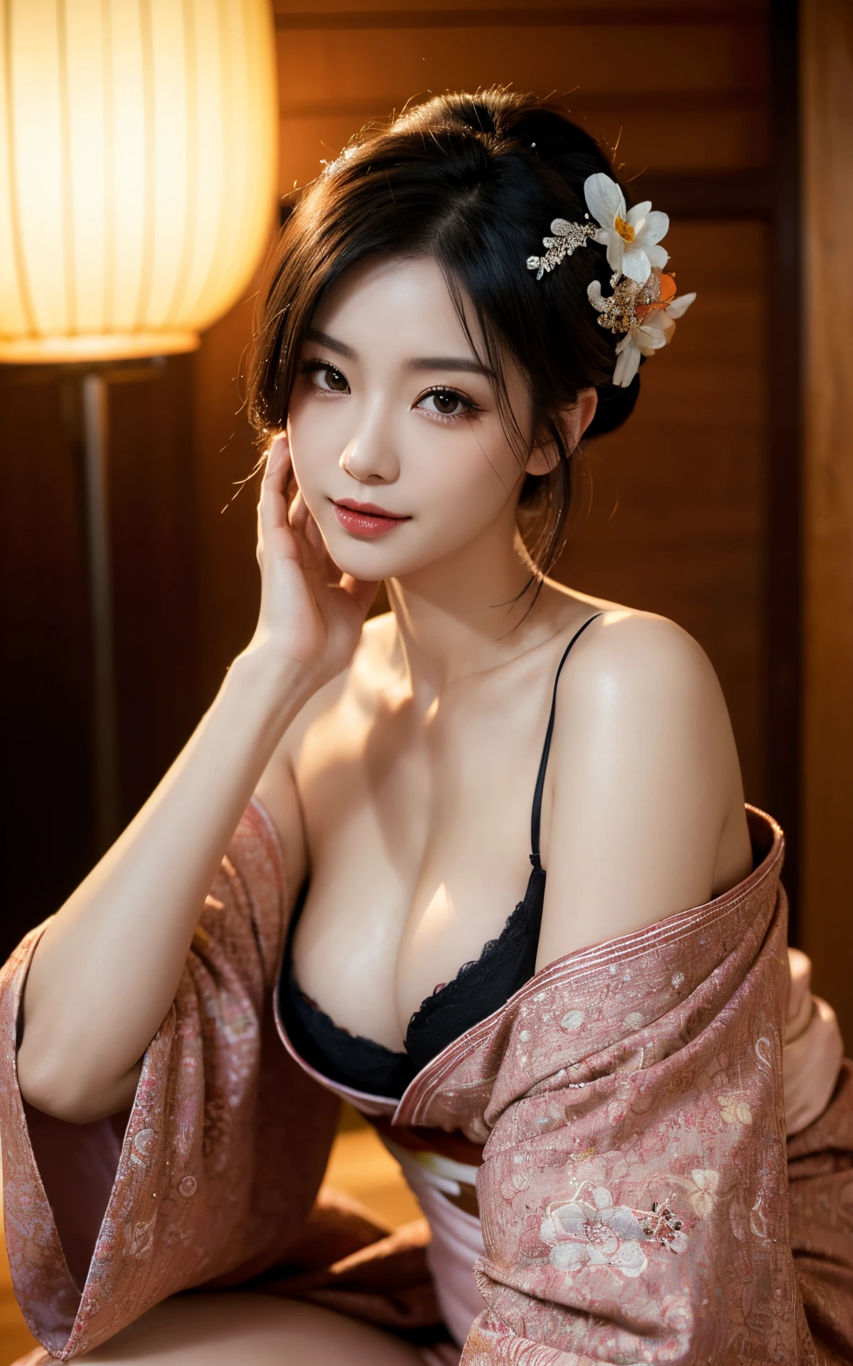 Oiran,vamp,ecstasy and trance expression,offshoulder long Kimono,undressing,night,beautiful lady,crouch down,learning forward,hand up,light up,sitting,gorgeous hair accessorys,smiling,(超A high resolution, Best Quality, masutepiece:1.2),(Realistic, Photorealsitic:1.35),Ultra-detailed,BREAK,1girl in,(Pixie Hair:1.1),Black eyes,(Colossal tits:1.3）、hyperdetailed face、Detailed lips、A detailed eye、Double eyelids、Dark eyeliner, detailed facial expression,(hposing Gravure Idol),Japanese Idol