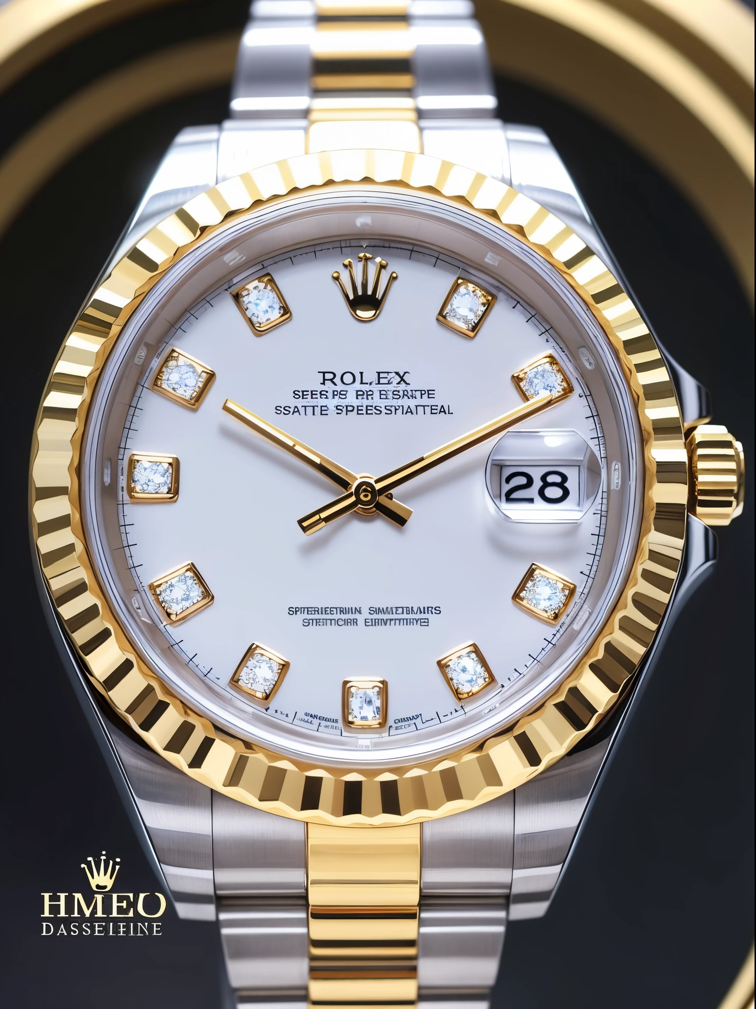 rolex watch, high-end timepiece, luxurious details, fine craftsmanship, intricate design, stainless steel bracelet, diamond-encrusted bezel, sapphire crystal, precise movements, elegant silver dial, luminescent hour markers, date window, iconic crown logo, water-resistant, iconic Rolex logo, Swiss made, timeless symbol of status and sophistication, classic and sophisticated style, unparalleled quality