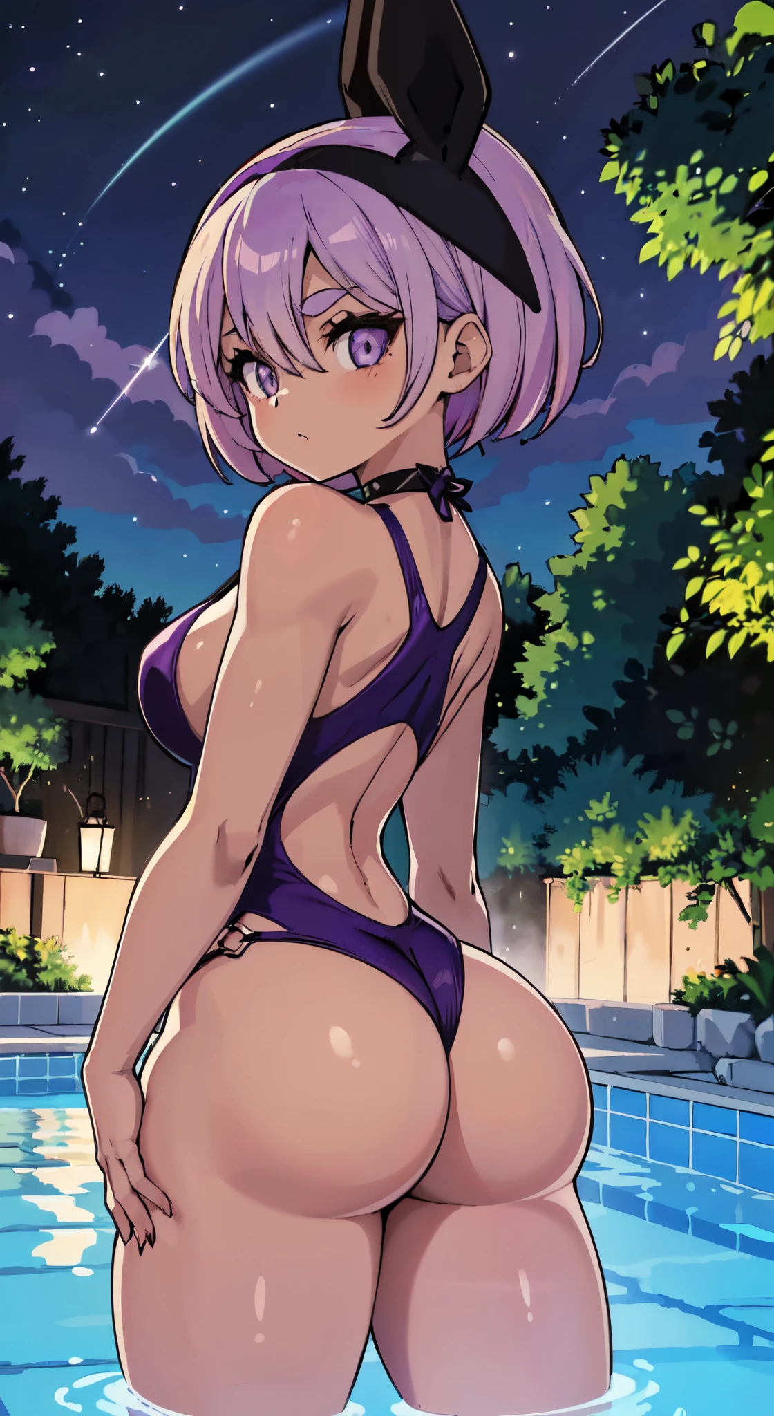 (( 1girl em)), NSFW、corar,cabelo roxo claro、olhos azuis、 purple high leg swimsuit,By the pool at night、Axilas、((peito enorme))、Bumbum grande、((coxas grossas))、Deitado de lado、hands behind the head、suar、(Estendendo as pernas)