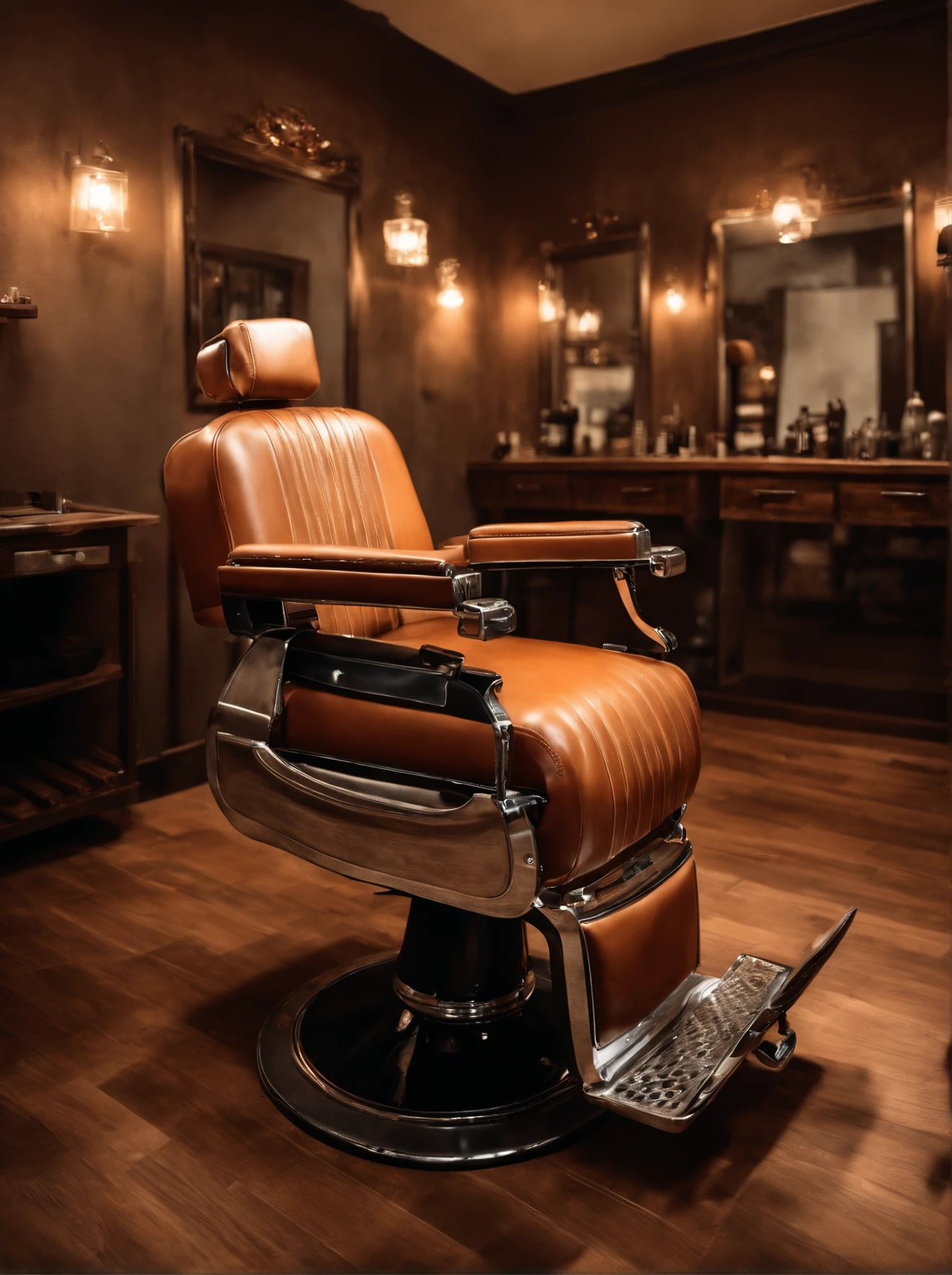Um barbeiro cortando o cabelo de um cliente, em uma barbearia moderna, com espelhos grandes na parede, in a retro barber chair, rustic wooden waiting benches, piso quadriculado preto e branco, Realistic image, sharped image, rustic colors.