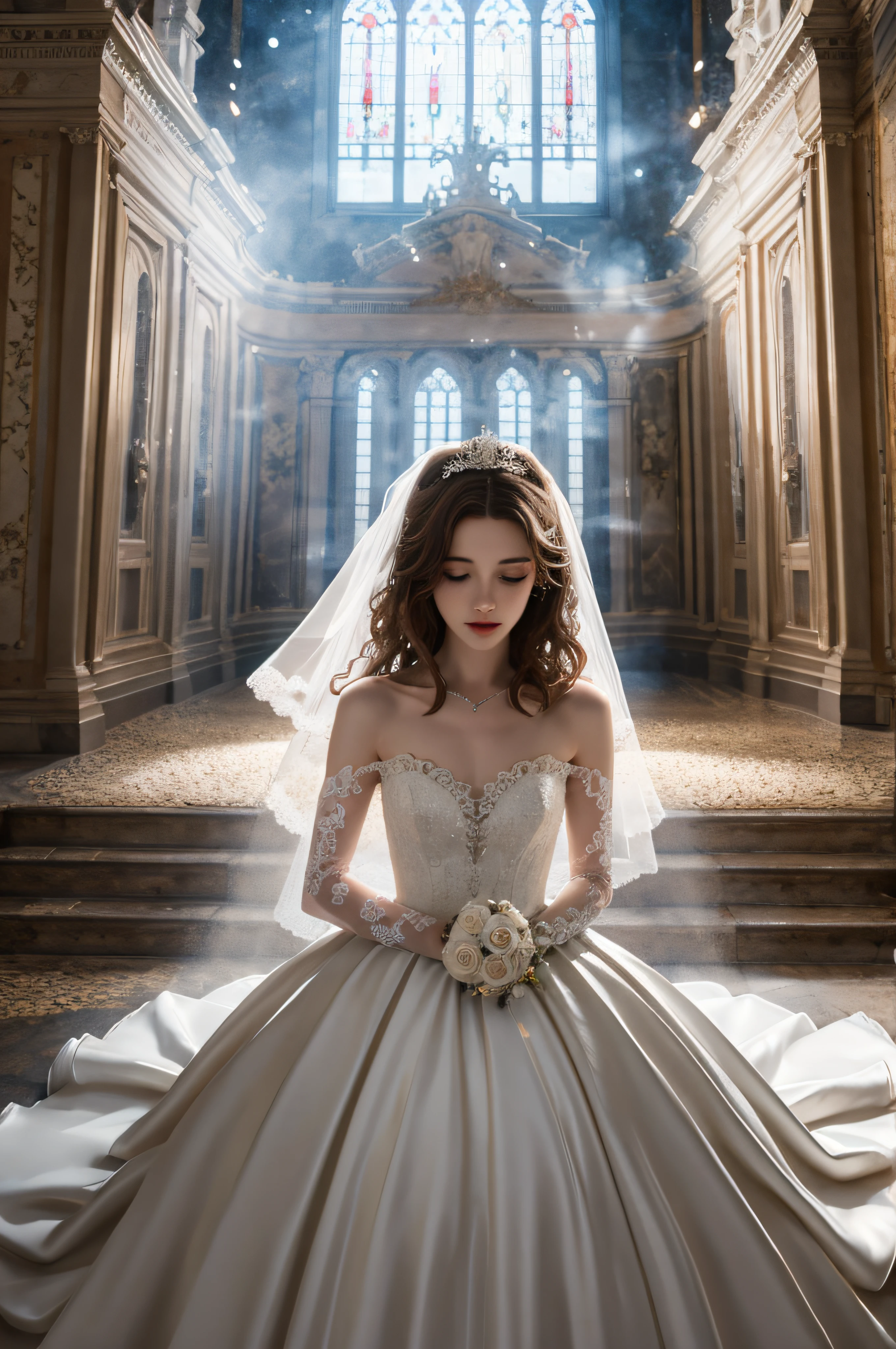 (cinematic angle: 1.2), wedding house,(1 girl, wedding dress),(best quality, detailed details, masterpiece, official art, movie lighting effects, 4K)