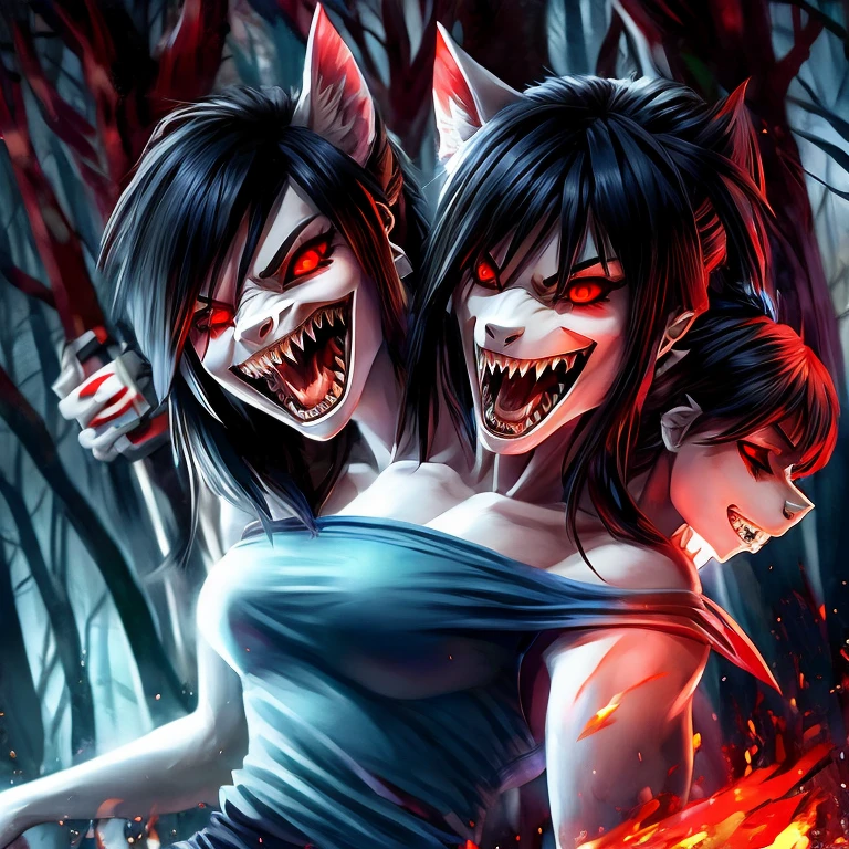 Red eyes, vampir teeth fangs, booldy face, blood out of mouth, smirk,bat wings, scary smile, psychopathic smirk, psychopathic smile, scary, mouth opem, angry eyes, vampire, dark sky background, red + blue + green, glowing red moon