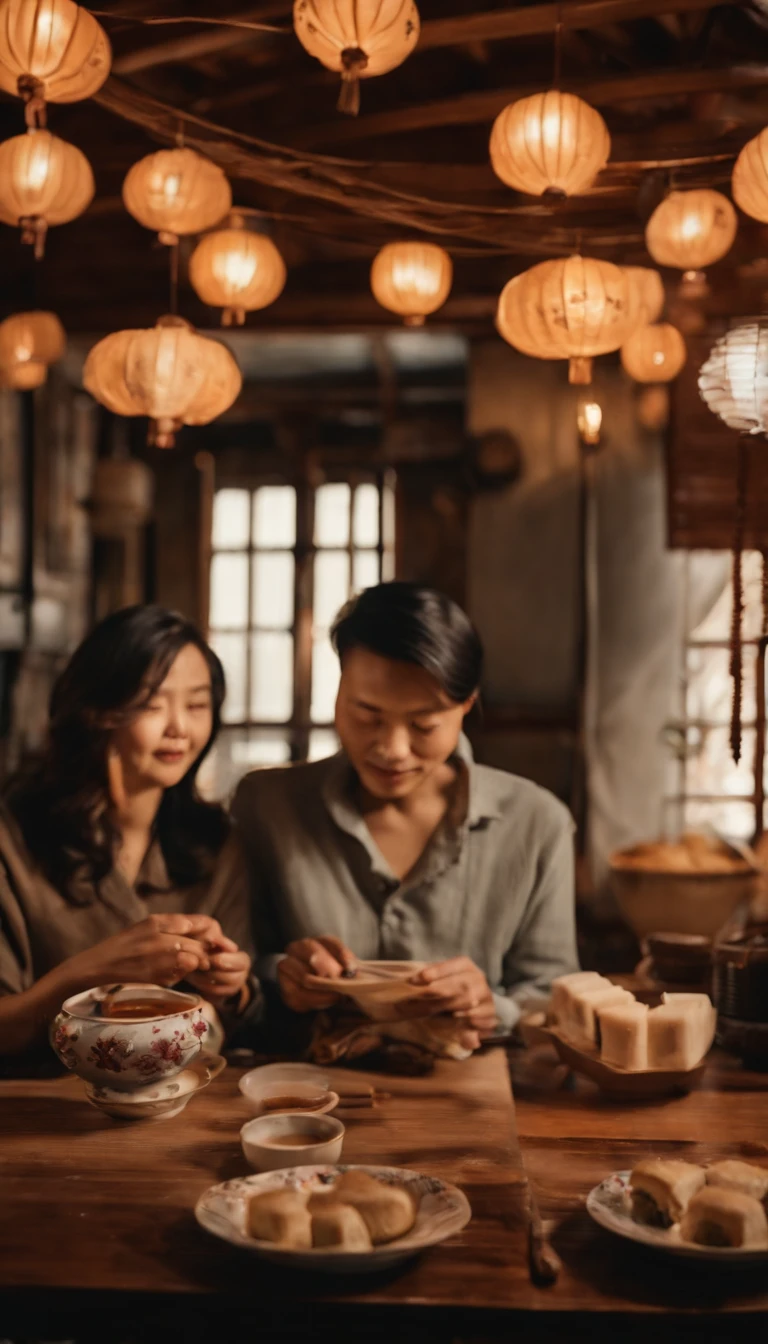 A family eats mooncakes,There are mooncakes on the table, Food in the hands, Drinking tea and paper lanterns, Moon,Chinese-style painting, exciting illustration