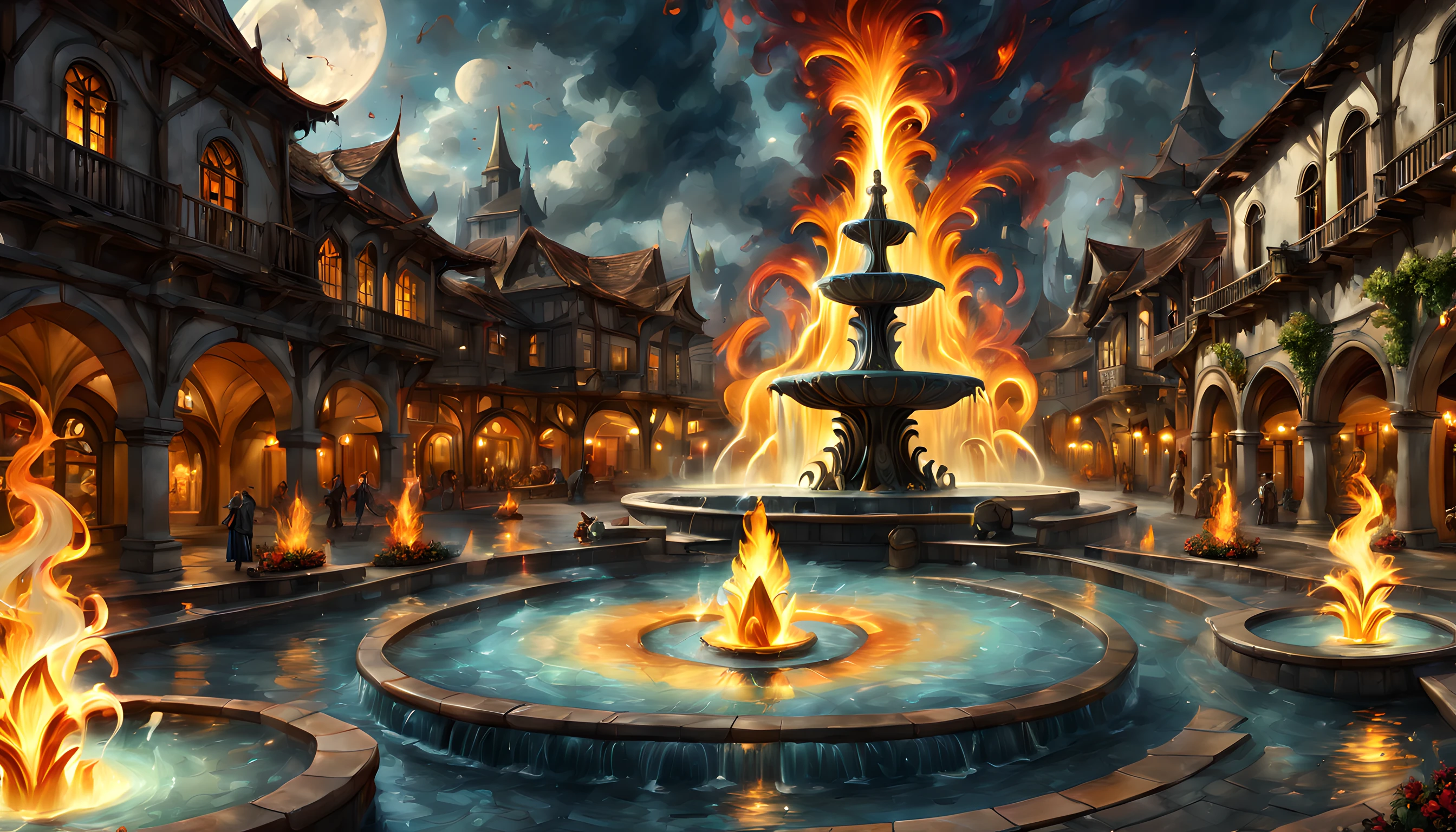Fantasy art, RPG art, there is an epic sized magical (water fountain: 1.3) in an elven city town square, it has magical runes gl0w1ngR in the basin of the fountain, many rivulets of water entwined in (fire: 1.2), faize, the fire is combined with the water streams, its night time, moon is rising, photorealistic, 16k, RAW, award winning, (best detailed: 1.5), masterpiece, best quality, (ultra detailed), full body, ultra wide shot, abstract fractal